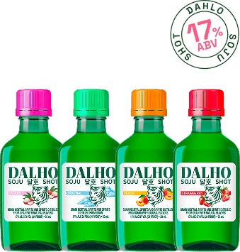 Four DALHO Soju Shot 50 mL bottles side by side with colored caps