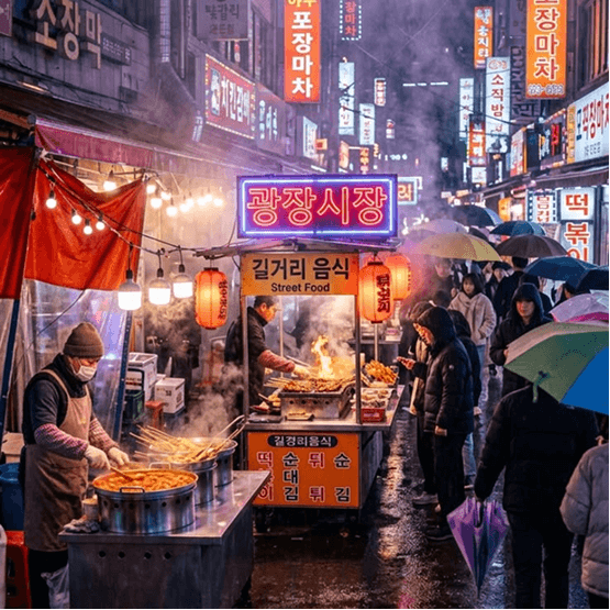 A Korean night market, vendors cooking at lit food stalls as shoppers pass with umbrellas