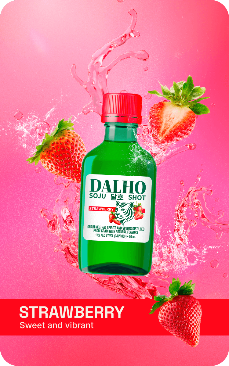DALHO Strawberry soju shot, 50 mL bottle, with fresh strawberries